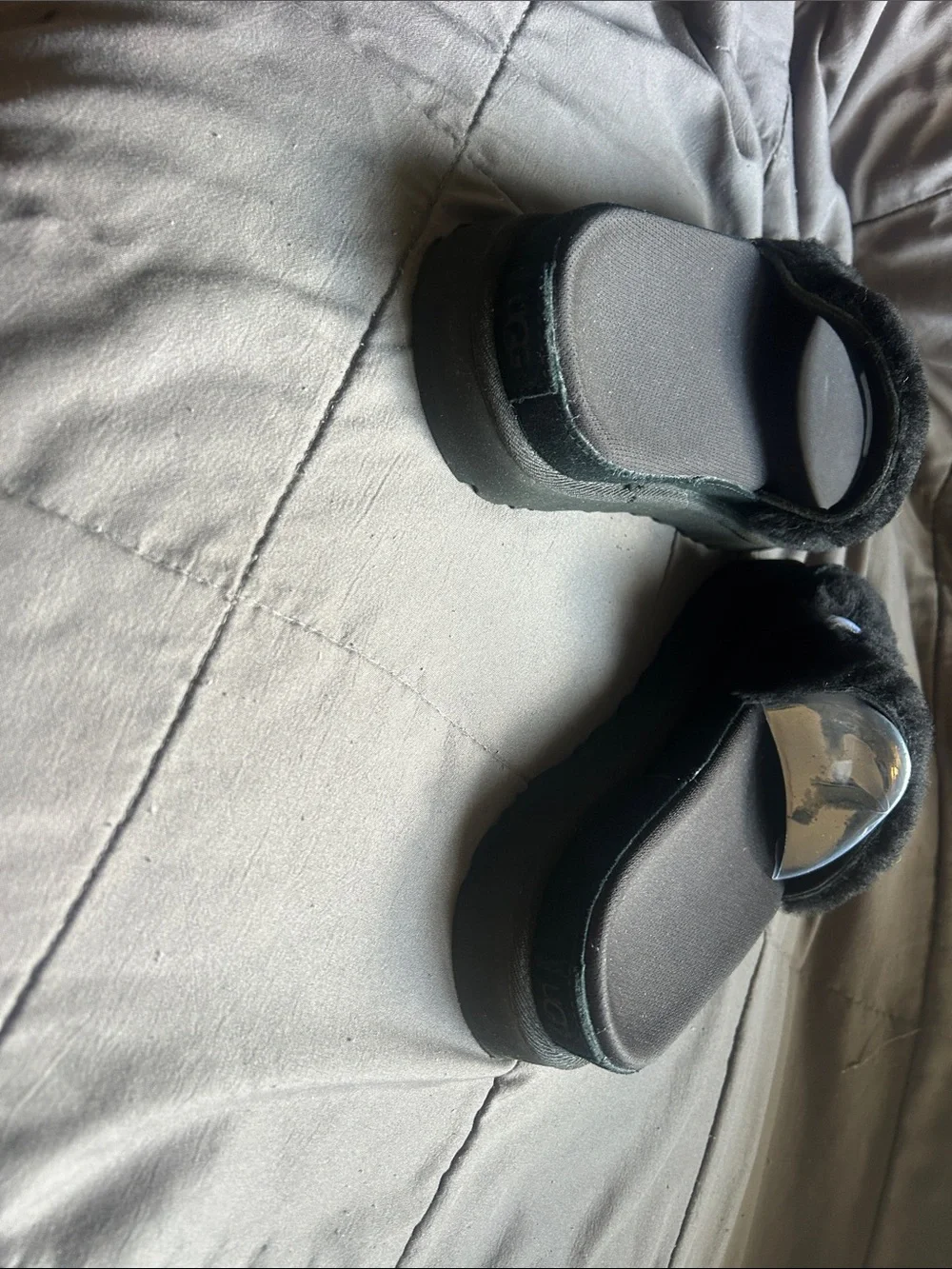 UGG Black Fuzzy Slide Sandals with White Logo
